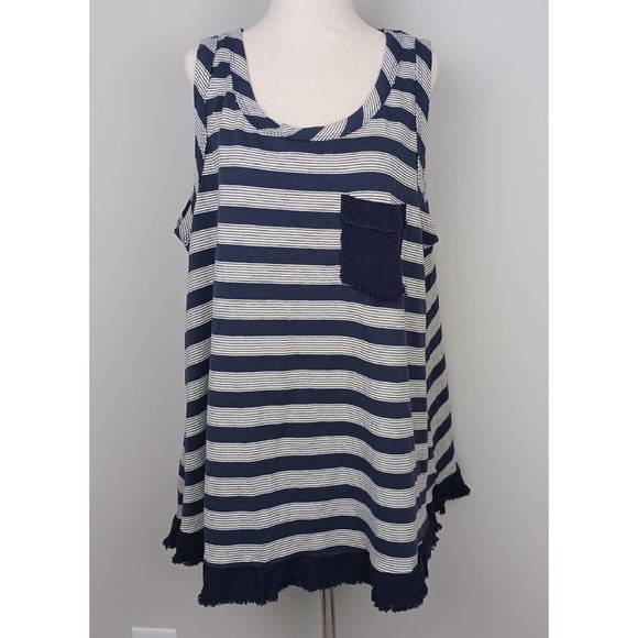 Womens Boutique Loose Navy and White Stripe Swing Tank Size Small Frayed Hem - Picture 1 of 15